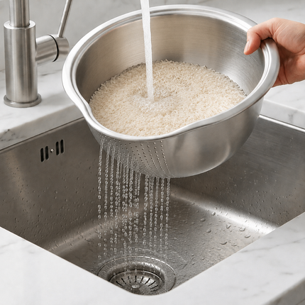 Stainless Steel Rice Washing & Draining Bowl with Textured Bottom Strainer - 10.6" x 9.4" (27 x 24 cm)