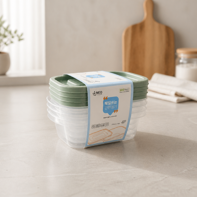 NEO Easy Cap Rectangular Food Storage Container Set - 270 mL (9.1 oz) x 4 Pack - BPA Free - Microwave-Safe - Made in Korea
