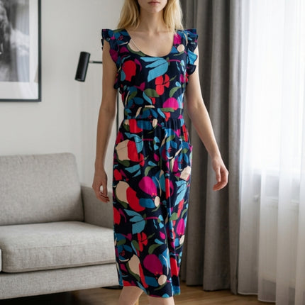 Midnight Botanical Ruffle Apron Dress with Pockets & Back Tie (Golaga Exclusive) - Black Multicolor Kitchen Aprons