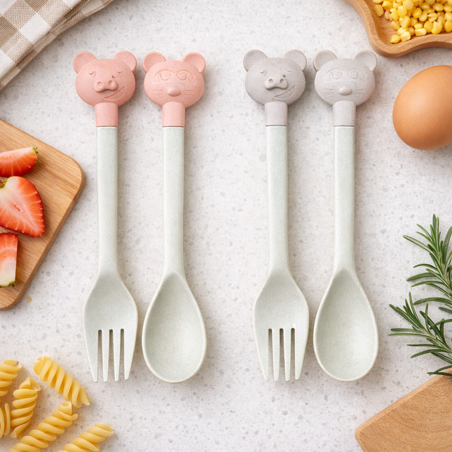 Bamboo Fiber Kids Fork & Spoon Set – 6” Long - Animal Handle (Pink or Gray)