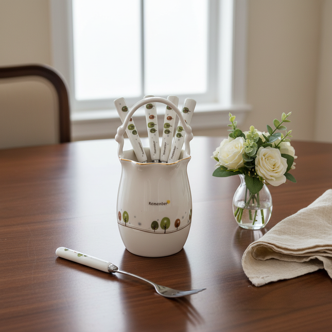 Golden Bell “Remember” Ceramic Utensil Holder (Small) W/ 5 Stainless Steel Fruit Forks – Made in Korea