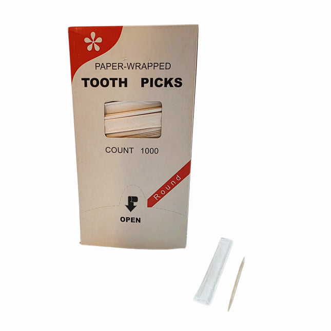 Paper-Wrapped Wooden Toothpicks – 1,000 Count Box (Individually Wrapped, Round Birch)