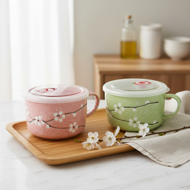 Home Art Ceramic Ramen & Food Bowl with Lid and Handle (Microwave/Freezer Safe)