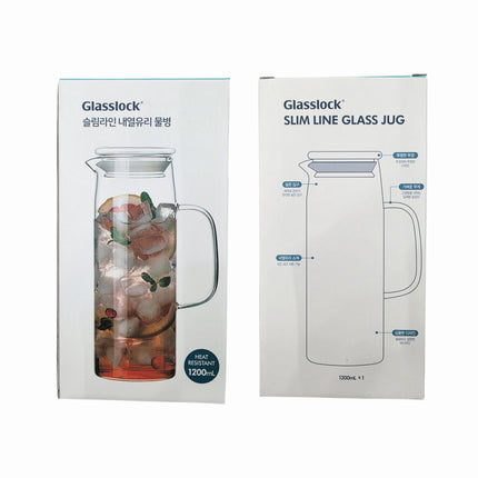 Glasslock Slim Line Heat-Resistant Glass Water Jug (1200mL) – Clear Glass Pitcher with Lid