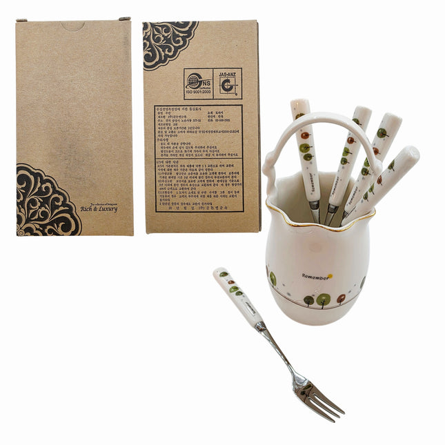 Golden Bell “Remember” Ceramic Utensil Holder (Small) W/ 5 Stainless Steel Fruit Forks – Made in Korea