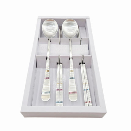 Golden Bell Korean 18/10 Stainless Steel Spoon & Chopsticks Set (2 Person Set) - Striped Design Handle - Made in Korea
