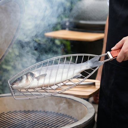 Stainless Steel Fish Grill Basket with Wooden Handle & Locking Ring – 14.5" x 6" Grill Basket, 25.5" Overall Length