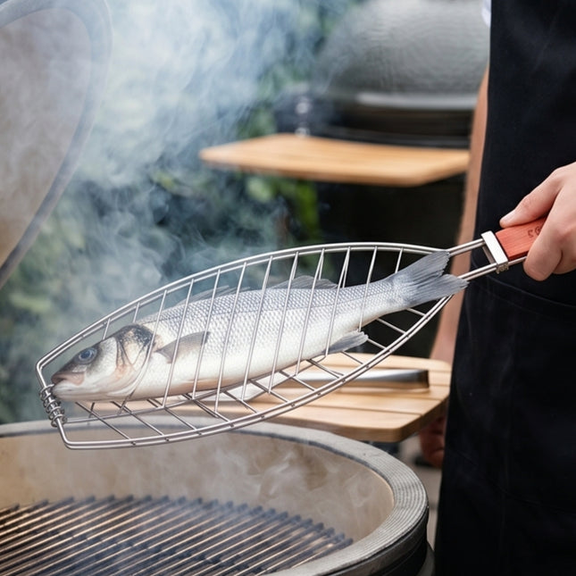 Stainless Steel Fish Grill Basket with Wooden Handle & Locking Ring – 14.5" x 6" Grill Basket, 25.5" Overall Length