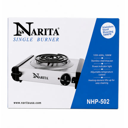 Narita Electric Single Burner Hot Plate - 1000W Compact Coil Burner - Stainless Steel Drip Pan - ETL Listed