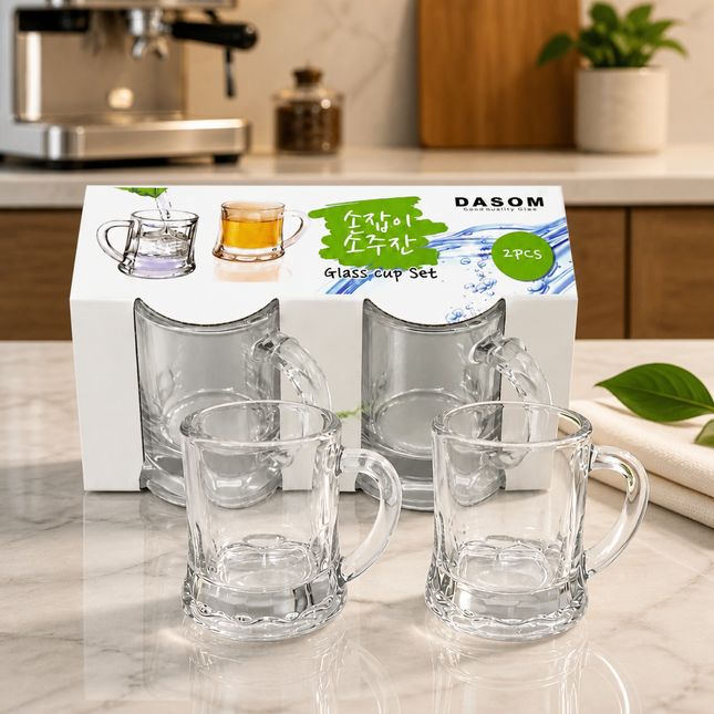 Dasom Handled Shot Glasses, 2-Piece Set - Mini Shot Glass Mugs - Soju Shot Glasses