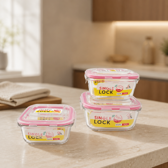 KBIG STORE Single Lock Square Borosilicate Glass Food Storage Container (3 Sizes) – BPA Free – Oven & Microwave Safe
