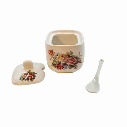 Ceramic Condiment Jar with Spoon & Lid – Floral Design (3 Styles)