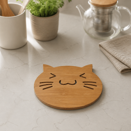 Home Art Bamboo Round Cat Design Trivet with Non-Slip Feet – 5.8" Diameter – Hot Pot Stand
