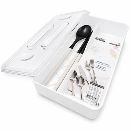 Sonaki Mate White Plastic Divided Cutlery Storage Organizer with Clear Lid & Grip Handles – 10" x 5.25" x 2.25" – Made in Korea