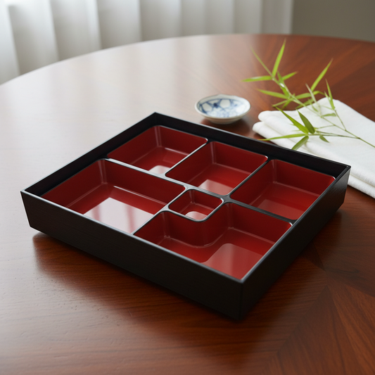 Japanese-Style 2-Piece 6-Section Melamine Serving Tray – Made in Japan - Wood Grain Base - Red & Black Bento Plate (11.75″ x 9.5″)