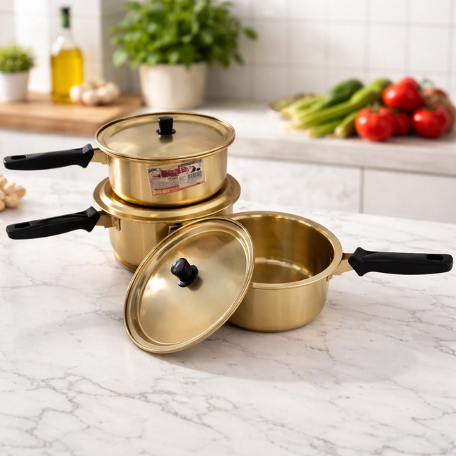 Dolphin Brand Gold Aluminum Korean Pots (One-Handle - 3 Sizes) - Made in Korea - Ramen & Hot Pot