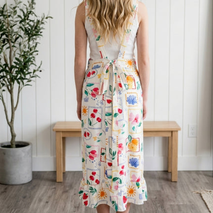 Botanical Art Apron Dress with Pockets & Back Tie (Golaga Exclusive) - Vintage Cherry, Fruit, Floral Design Kitchen Aprons