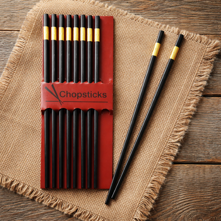 JW Fiberglass Chopsticks Set (5 Pairs) - Black & Gold - 10.75" - Reusable Chopsticks
