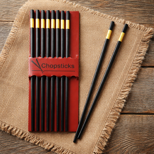 JW Fiberglass Chopsticks Set (5 Pairs) - Black & Gold - 10.75" - Reusable Chopsticks
