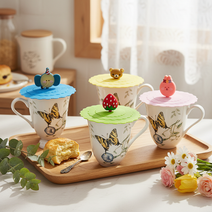 Home Art Silicone "Fashion" Cup Lids w/Cute Animal & Fruit Handles – Reusable Mug Covers (4 Colors)
