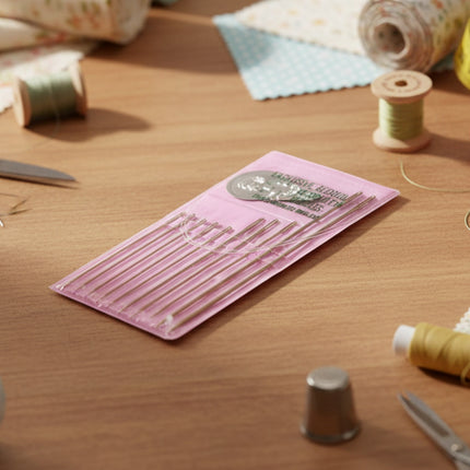 11pc Hand Sewing Needle Set - 10 Gold Color Eye Needles (5 x 2", 3 x 2.25", 2 x 3.5") & 1 Coin Style Needle Threader W/ Wire Loop - Made in Korea