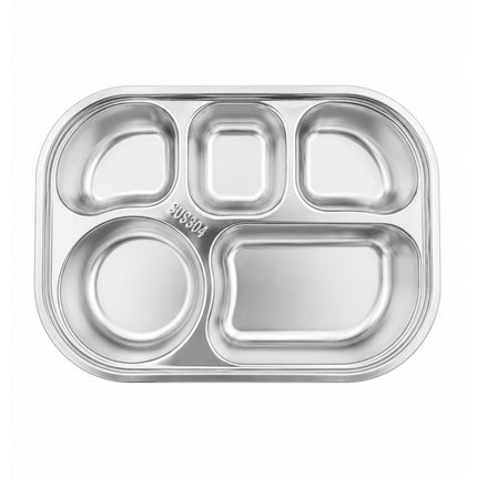 SUS304 Stainless Steel Rounded 5-Compartment Serving Tray, 10.25" x 7.5" x 1.5"