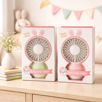 Portable Handheld "Rabbit" Electric Fan - USB Rechargeable (Cord Included) - 2 Colors (Green, Pink)