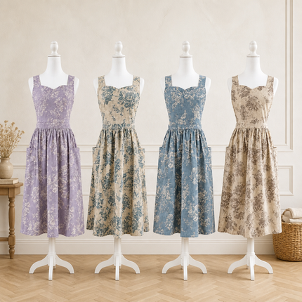 Vintage Floral Linen Cotton Blend Apron Dress with Pockets & Adjustable Shoulder Straps - Kitchen Aprons