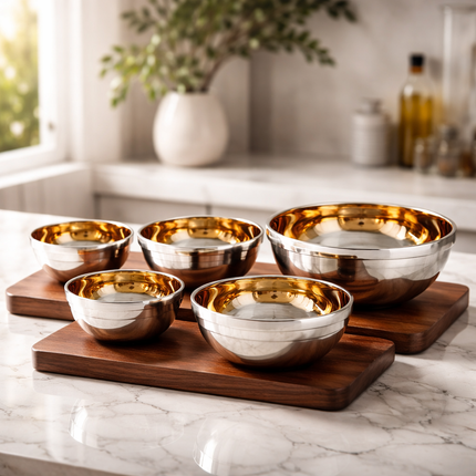 Vacuum Insulated Double Wall Stainless Steel Rice/Soup/Noodle Bowls (Exterior Wall Body = Brushed Silver) - 5 Sizes