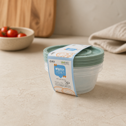 NEO Easy Cap Round Food Storage Container Set - 350 mL (11.8 oz) x 3 Pack - BPA Free - Microwave-Safe- Made in Korea