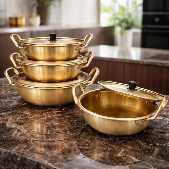 Dolphin Brand Gold Aluminum Korean Low Pots (Dual-Handle - 4 Sizes) - Made in Korea - Ramen & Hot Pot