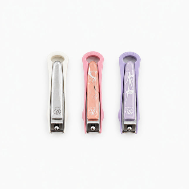 Triple Seven 777 Stainless Steel 2.5" Long Nail Clippers with Clipping Catcher Case & Nail Filer - Fingernail Cutters - 3 Colors (Pink, White or Purple) - Made in Korea