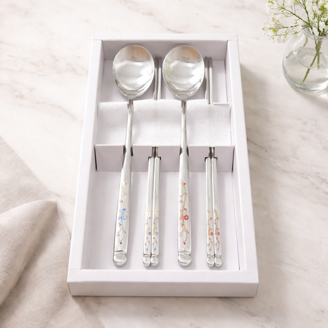 Golden Bell Korean 18/10 Stainless Steel Spoon & Chopsticks Set (2 Person Set) - Blue & Red Floral Vine Design Handle - Made in Korea