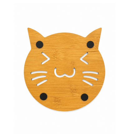 Home Art Bamboo Round Cat Design Trivet with Non-Slip Feet – 5.8" Diameter – Hot Pot Stand