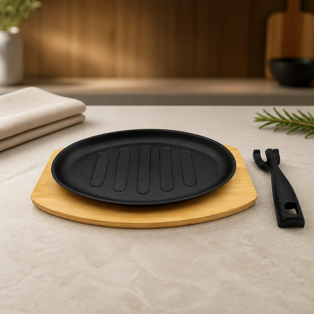 Extra Large Oval Cast Iron BBQ Grill & Sizzling Plate Set with Wooden Base & Cast Iron Plate Lifter