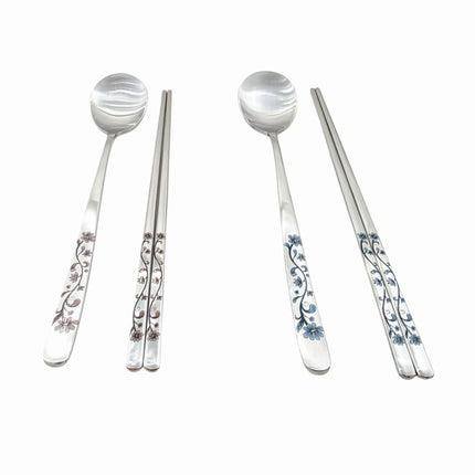 Golden Bell Korean 18/10 Stainless Steel Spoon & Chopsticks Set (2 Person Set) - Pink & Blue Floral Design Handle - Made in Korea