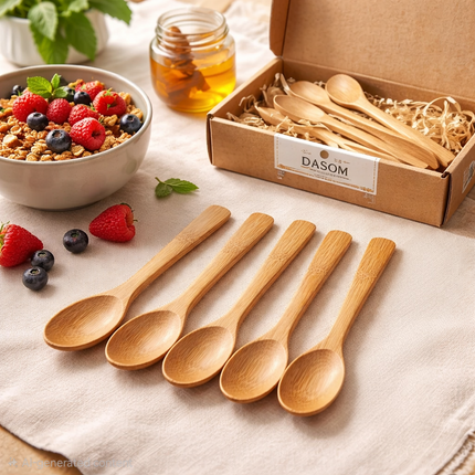 DASOM Bamboo Tea Spoons 5-Piece Set - 6.3 in (16 cm) Small Wooden Spoons