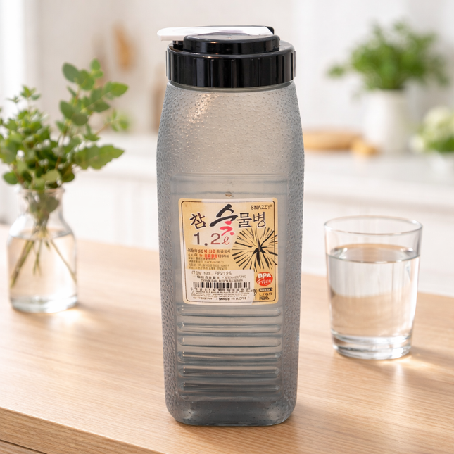Korean Charcoal-Design Slim Fridge Water Bottle – Wide Mouth, Easy-Pour Spout, 1.2L (BPA-Free)