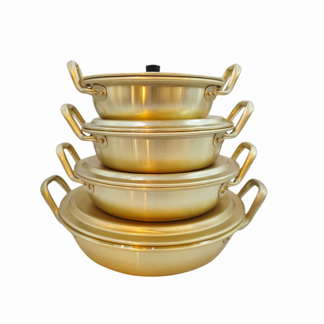 Dolphin Brand Gold Aluminum Korean Low Pots (Dual-Handle - 4 Sizes) - Made in Korea - Ramen & Hot Pot
