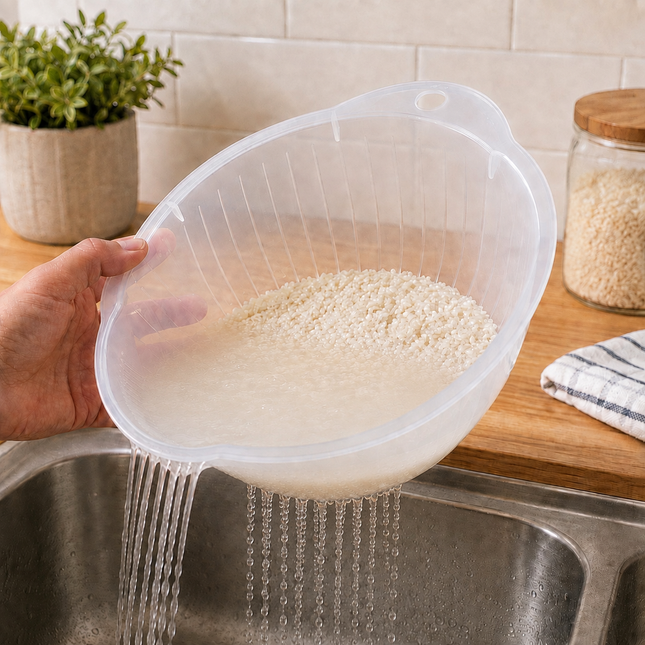 Inomata Dual-Drain Rice Washing Colander & Strainer – Up to 7 Cups – Made in Japan