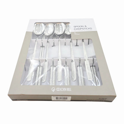 Golden Bell Korean 18/10 Stainless Steel Spoon & Chopsticks Set (5 Person Set) - Floral Vine Design Handle - Made in Korea