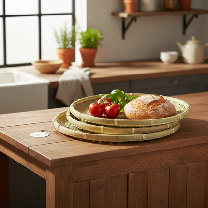 Home Art Round Bamboo Wicker Trays - 3 Sizes - 25cm (9.8") / 30cm (11.8") / 35cm (13.8")