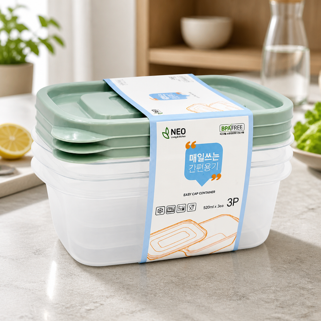 NEO Easy Cap Rectangular Food Storage Container Set - 520 mL (17.6 oz) x 3 Pack - BPA Free - Microwave-Safe - Made in Korea