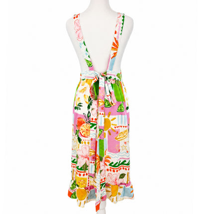 Multicolor Tropical Bloom Apron Dress with Pockets & Back Tie (Golaga Exclusive) - Vintage Fruit & Floral Kitchen Aprons