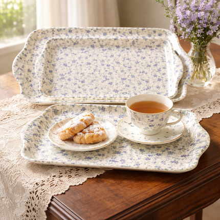 "Royal Floral" Food/Drink Serving Trays w/ Side Handles - Made in Korea (3 Sizes)