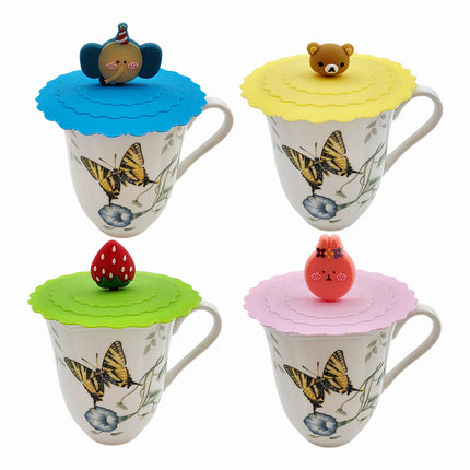 Home Art Silicone "Fashion" Cup Lids w/Cute Animal & Fruit Handles – Reusable Mug Covers (4 Colors)