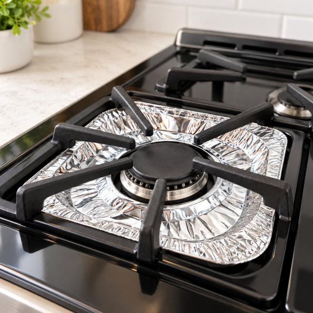 KAIZEN Disposable Square Aluminum Foil Gas Stove Burner Bibs / Liners - 7.75 x 7.75 in - 10 Pack