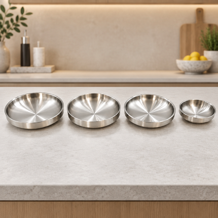 Double-Walled Brushed Stainless Steel Korean Banchan & Kimchi Side Dish / Sauce Dish Plate – 4 Sizes