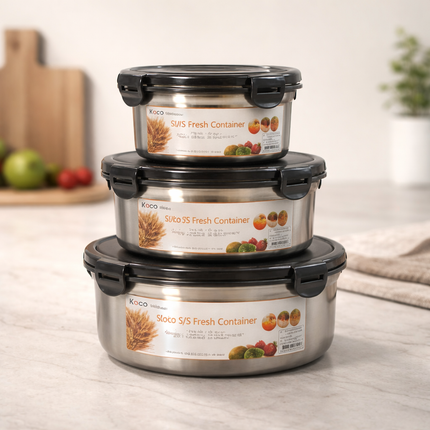 Koco Stainless Steel Fresh Airtight Food Storage Containers (3 Sizes) – 4-Lock Leakproof Lid – Silicone Seal – Kitchen Storage Bowls