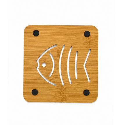 Home Art Bamboo Fish Design Trivet with Non-Slip Feet – 5.8" x 5.8" - Hot Pot Stand